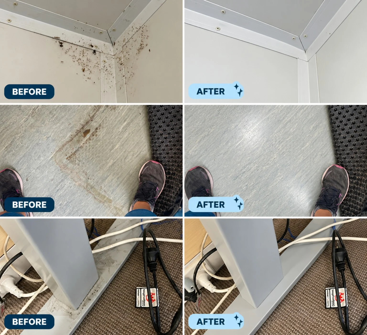 Before and after comparison collage showing detailed cleaning around a corner, flooring and equipment base