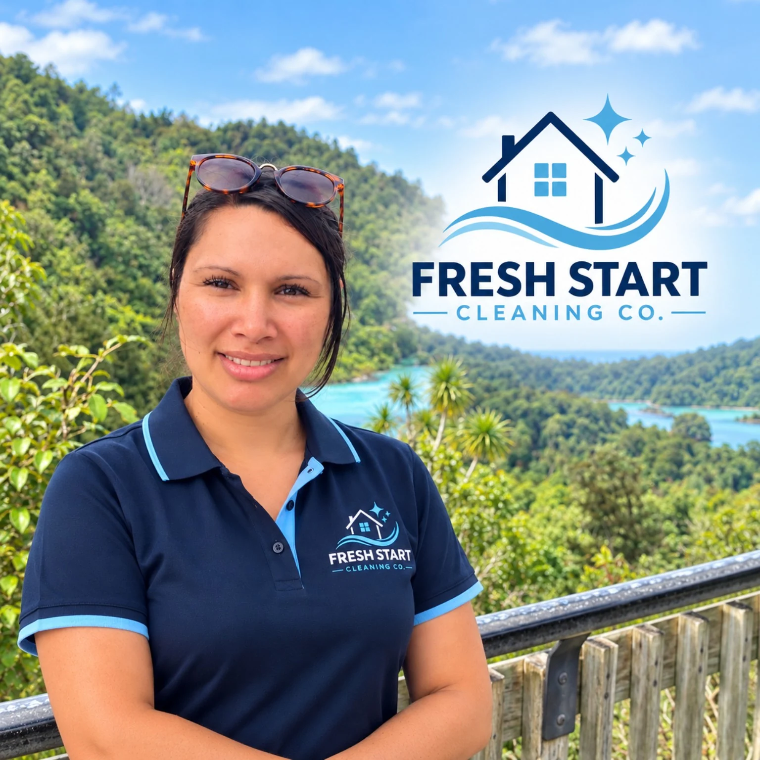 Jasmine Tawhai wearing Fresh Start Cleaning Co uniform, next to the business logo